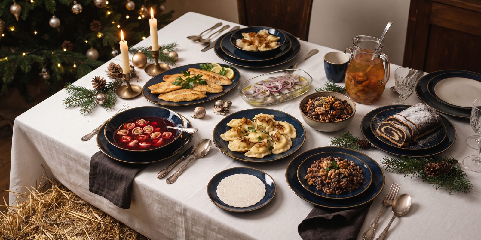 Polish Wigilia table set for Christmas Eve with barszcz (beet soup) with uszka (mushroom dumplings), pierogi (filled dumplings), fried fish fillets, herring with red onion, kutia (wheat-berry pudding), makowiec (poppy seed roll), kompot (dried-fruit compote) and opłatek (Christmas wafer), lit by candles beside a Christmas tree