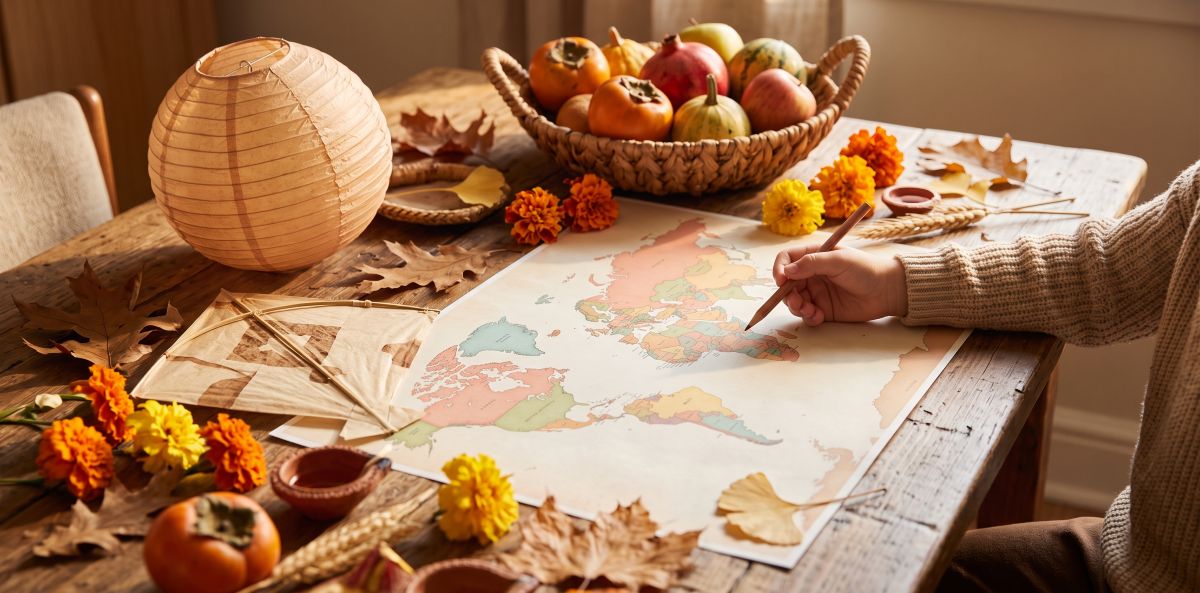 Paper lantern, small kite, basket of fall fruit and marigolds arranged on a paper world map with a child holding a pencil