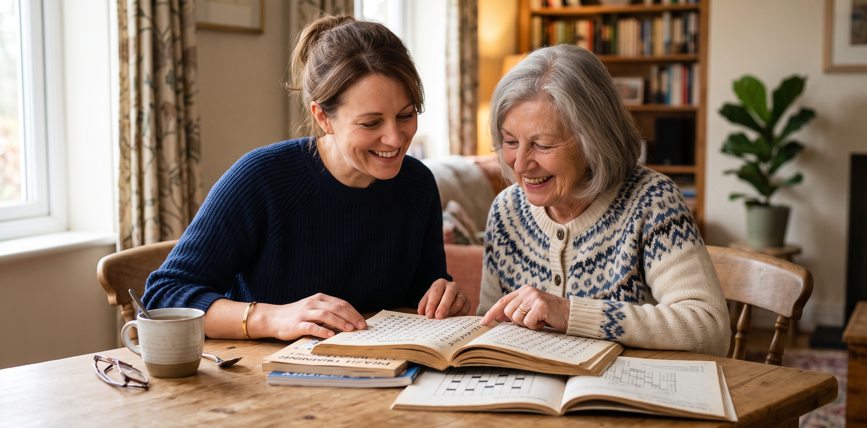 An adult daughter and her elderly mother sitting together at a wooden kitchen table, smiling as they work through large-print puzzle books together, with a mug of tea, reading glasses, and a potted plant nearby