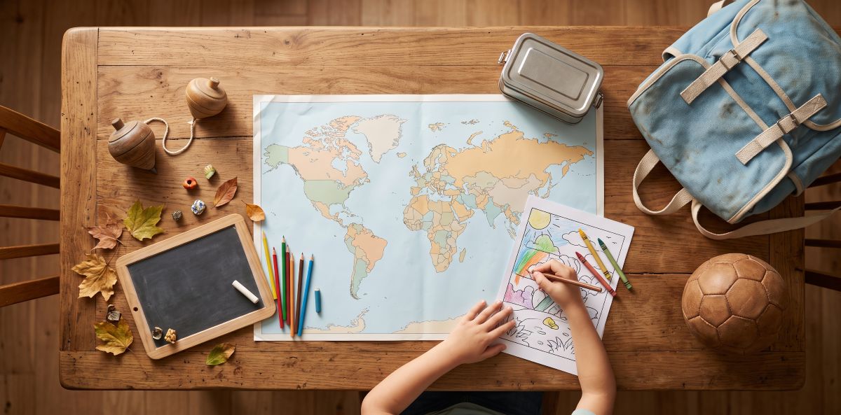 Child's hands coloring a page beside a world map, with a school backpack, lunch tin, football, slate and colored pencils on a wooden table