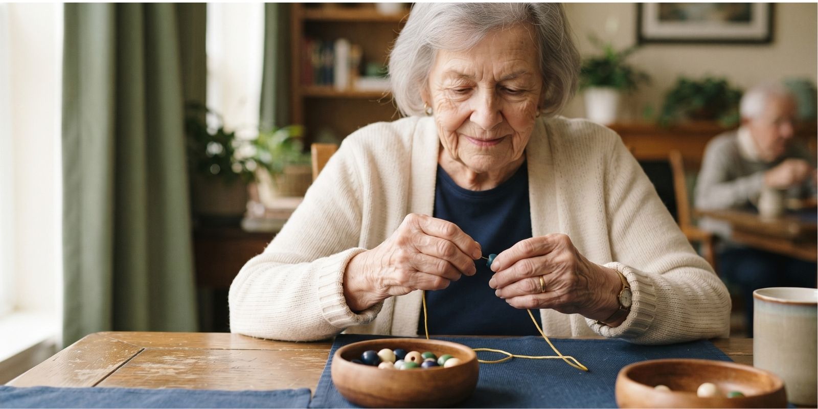 An older man at a kitchen table practicing fine motor dexterity drills with a pencil and a page of tracing exercises, a button-and-thread practice board and a cup of tea beside him