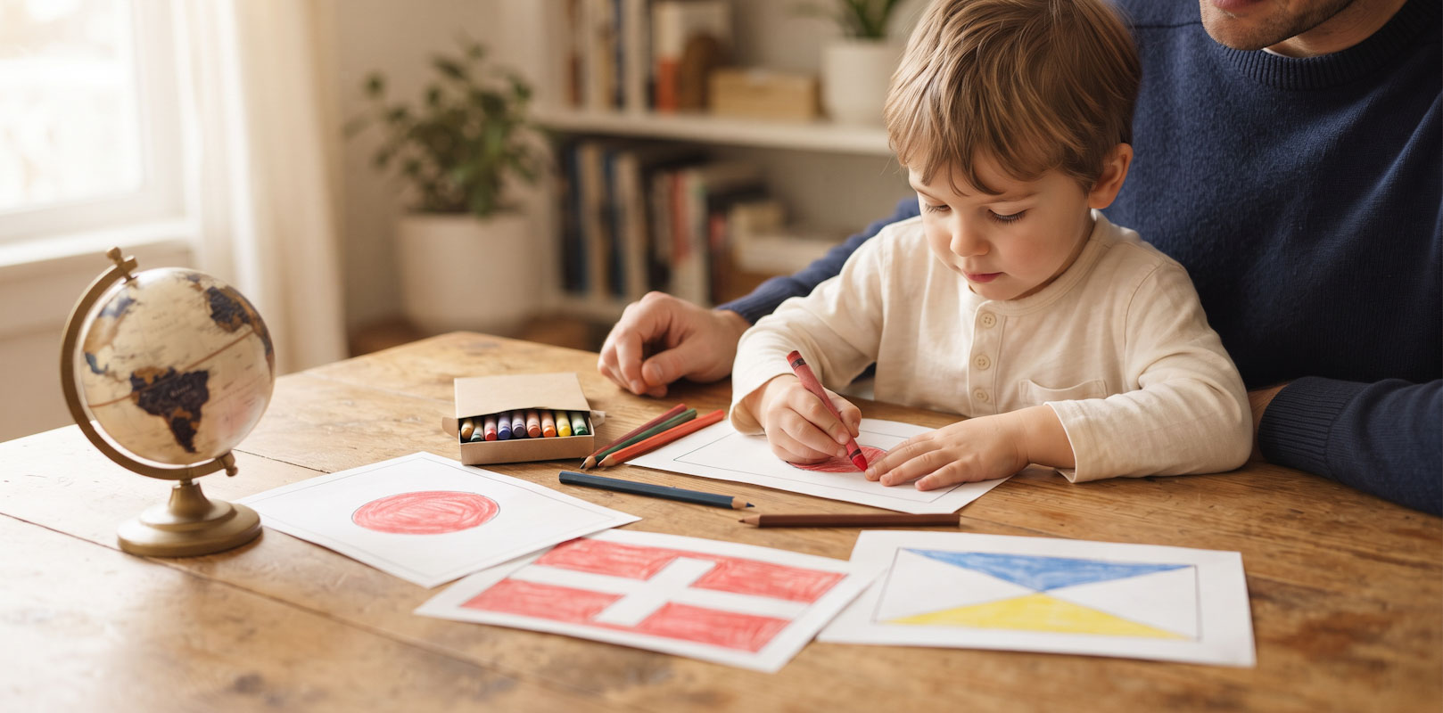 A young child coloring a red circle on a flag page with a crayon while sitting with a parent at a wooden table, with a small globe, a box of crayons, and finished flag pages with a red circle, a white cross on red, and blue and yellow triangles
