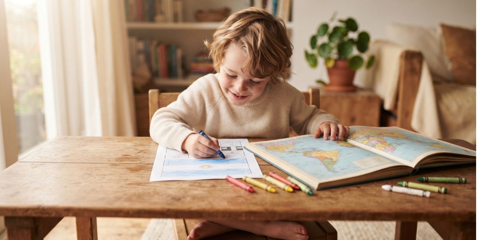 A preschool-aged child coloring a flag coloring page with crayons at a wooden table, an open world atlas lying nearby as if comparing the flag's colors to the map