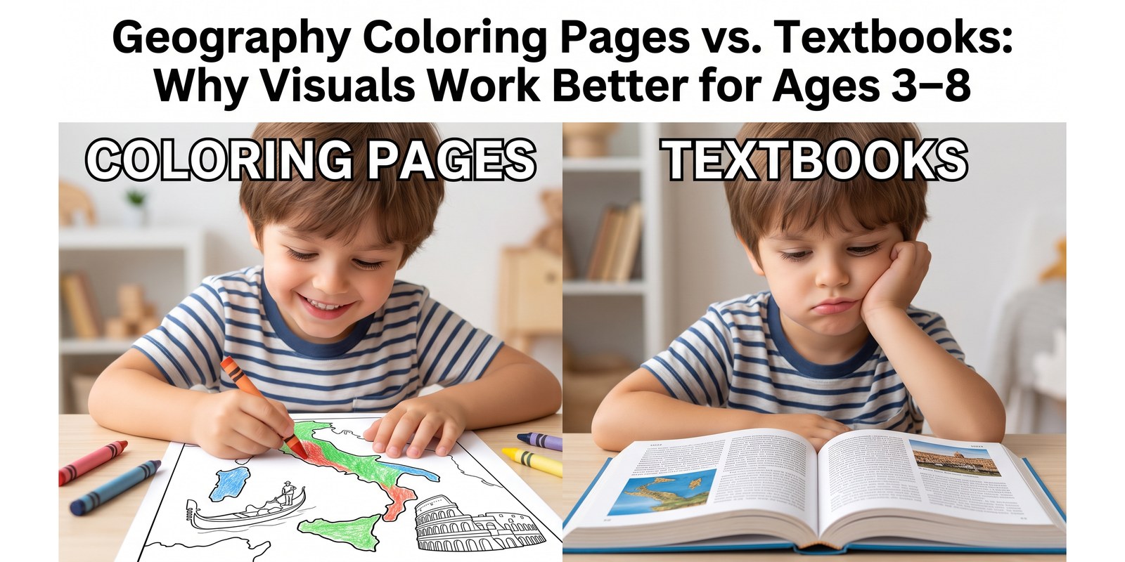 Split-screen photo of the same boy in a striped shirt: on the left he smiles while coloring a map of Italy with crayons, on the right he looks bored resting his head on his hand while reading a thick textbook, illustrating coloring pages vs. textbooks for teaching kids geography