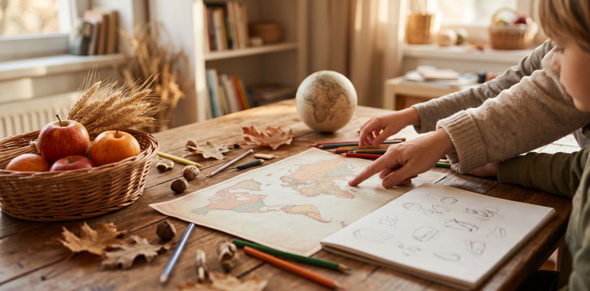 Child and parent pointing at a world map on a homeschool table with a basket of apples and wheat, a small globe, autumn leaves and colored pencils