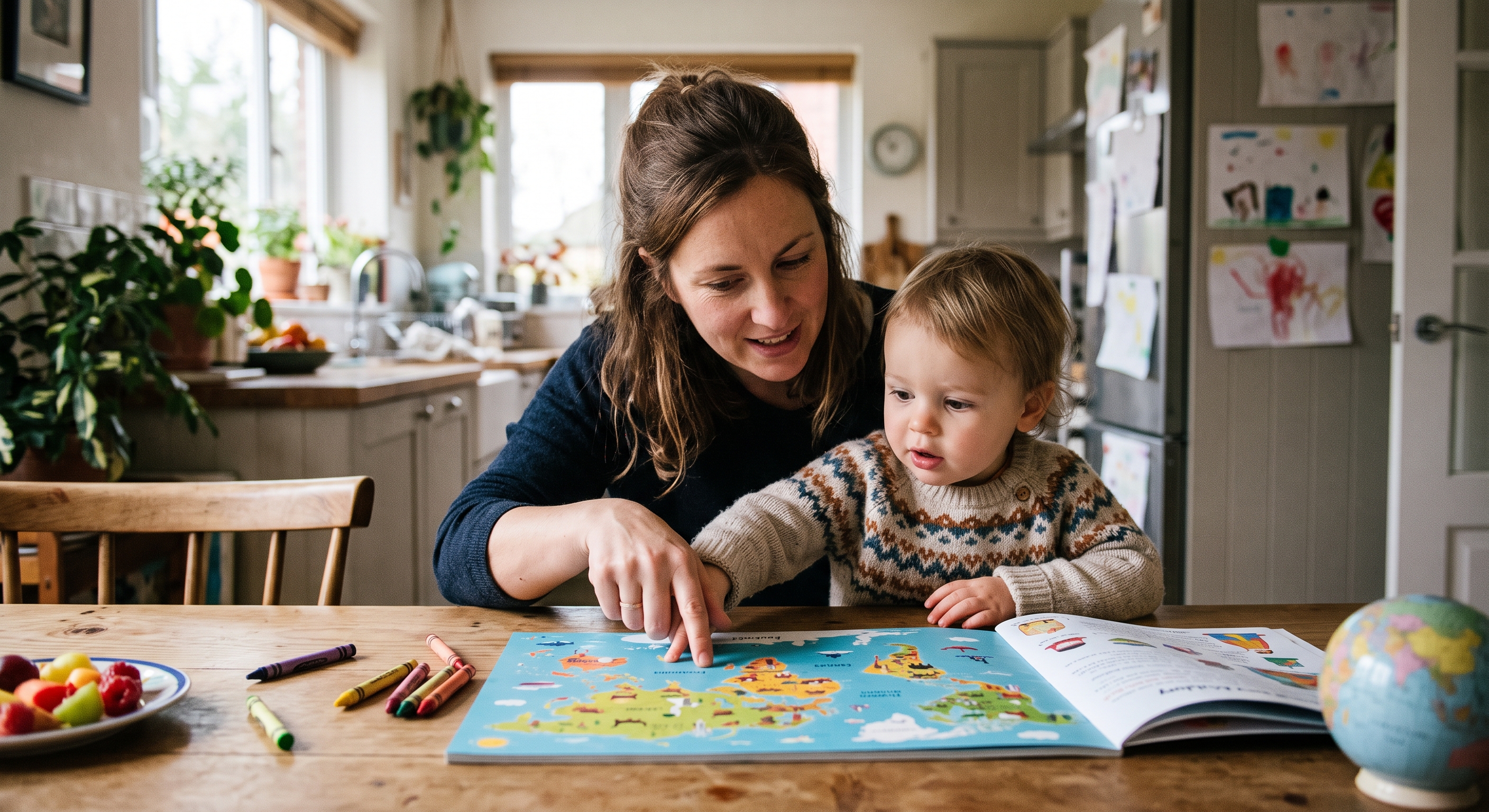 Mother and toddler sitting together at a wooden kitchen table, pointing at an illustrated world map picture book, with crayons, a bowl of fresh fruit, and a small globe nearby