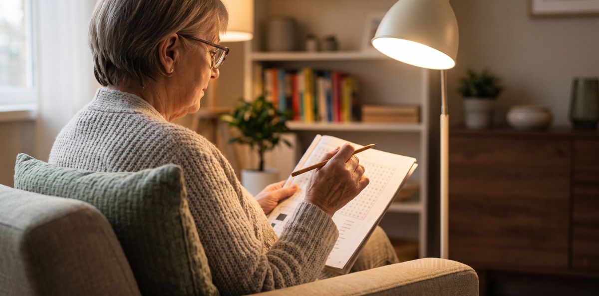 Older woman with glasses sitting in an armchair under a floor lamp, working on a puzzle page with a pencil