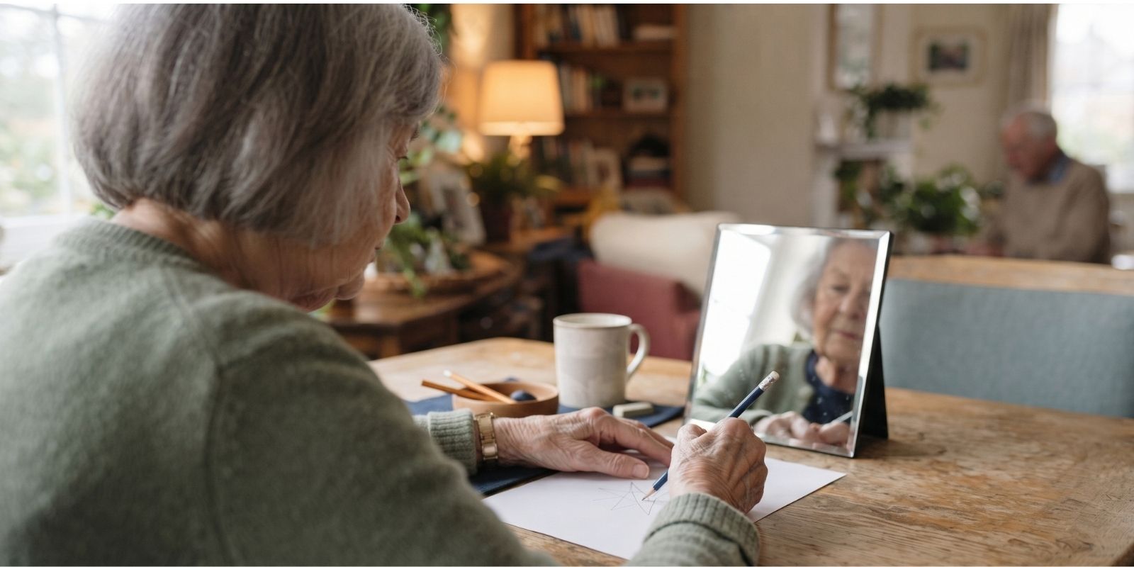 An older woman at a table completing a mirror drawing exercise, copying a shape from a printed page onto a mirrored grid with a pencil, a small hand mirror propped beside the page