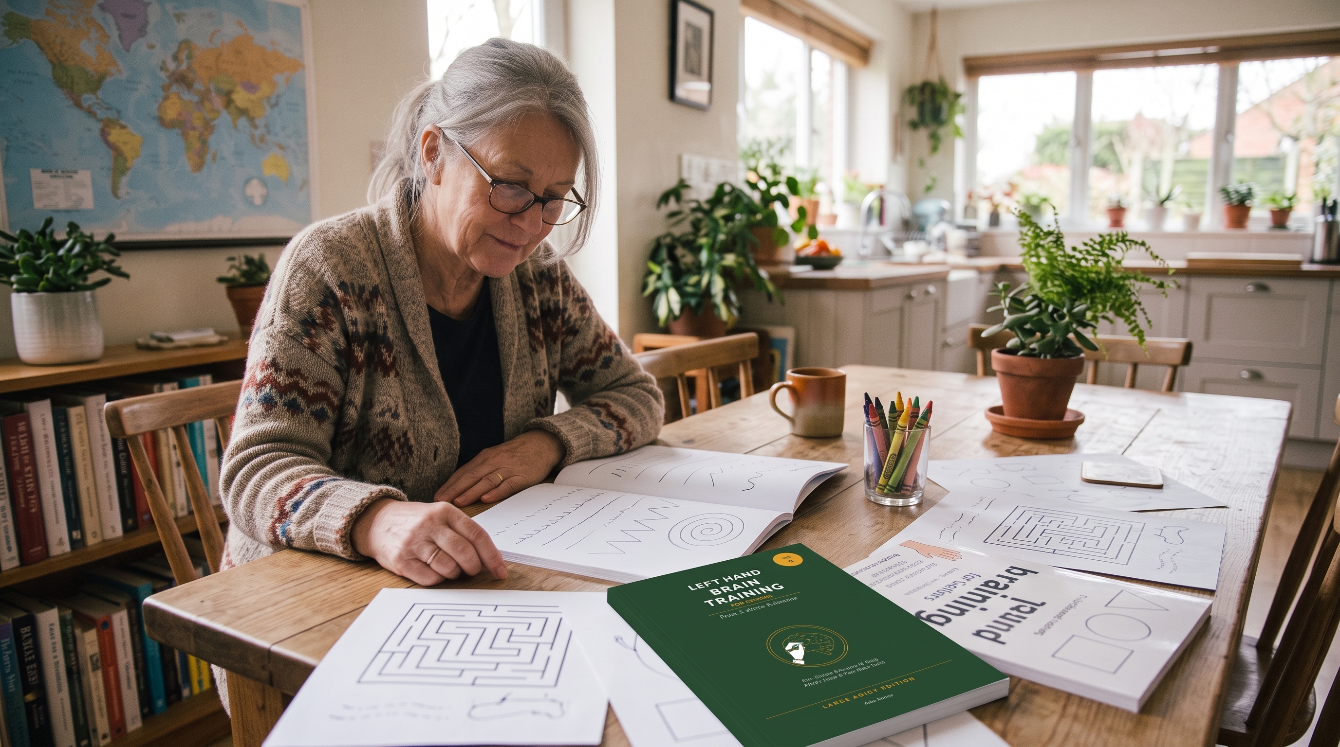 An older woman at a wooden kitchen table working through a Left Hand Brain Training for Seniors, Book 3 — Mirror & Balance exercise book, surrounded by maze printouts, crayons, a coffee mug, houseplants, and a world map on the wall