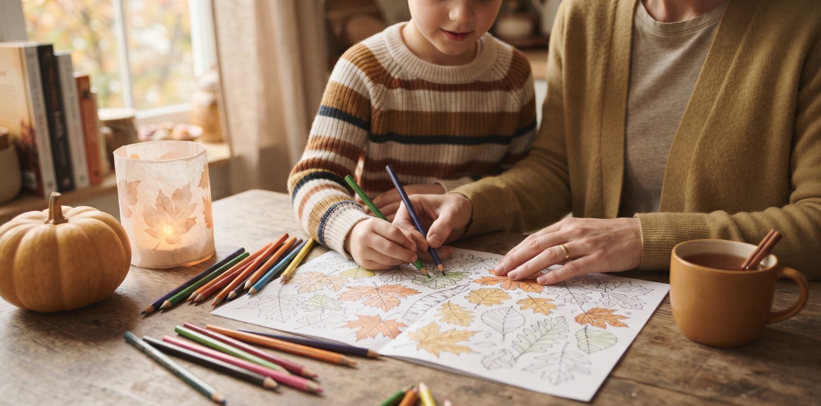 Child and parent coloring a page of fall leaves with colored pencils at a wooden table, beside a small pumpkin, a leaf paper lantern and a cup of tea with a cinnamon stick