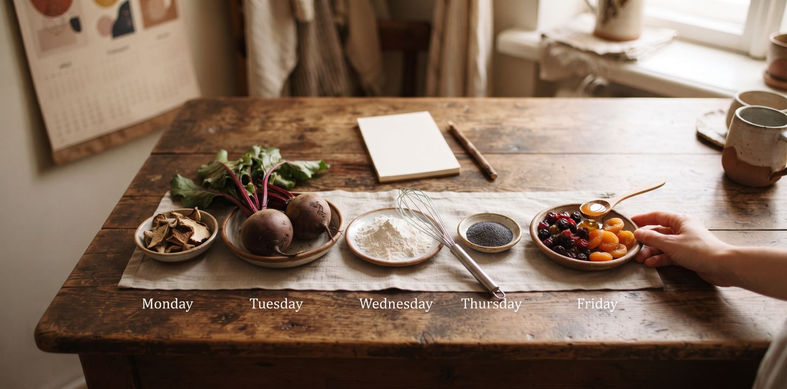 Rustic wooden kitchen table with a linen runner holding small bowls of dried mushrooms, beets, flour with a whisk, poppy seed, and dried fruit with honey, labeled Monday to Friday, plus a blank notepad with a pencil and a wall calendar in warm window light