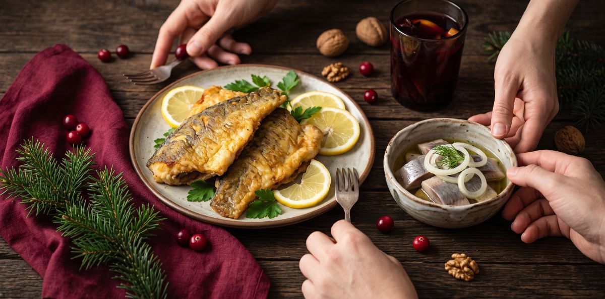 Pan-fried fish fillets with lemon beside a bowl of herring with onions, with cranberries, walnuts, spruce and a glass of dried-fruit compote on dark rustic wood