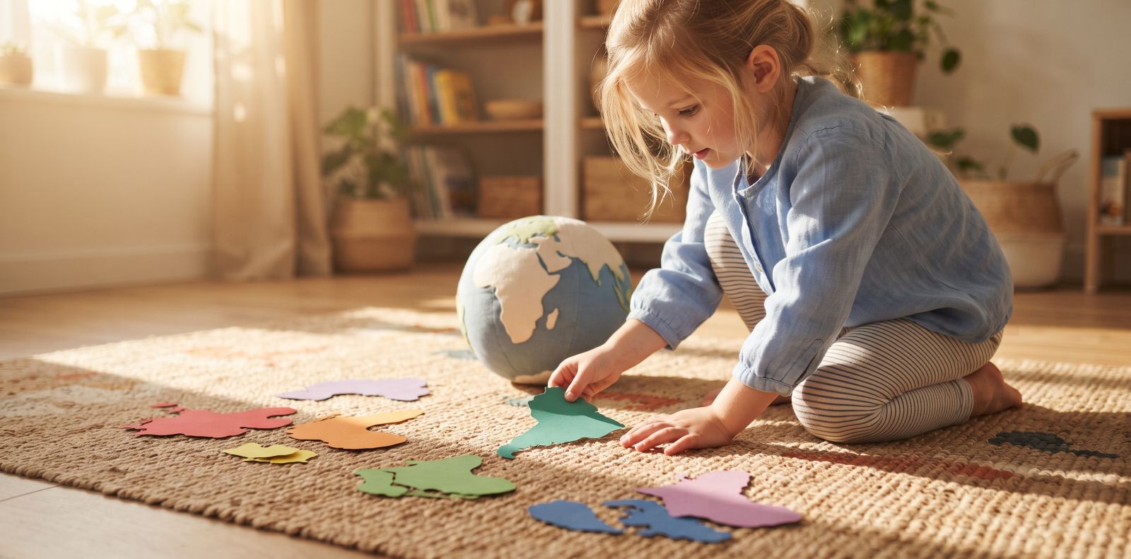 A young child kneeling on a woven rug in warm window light, placing a green paper continent shape among colorful paper continent cut-outs, with a soft fabric globe showing Africa behind them and a bookshelf in the background
