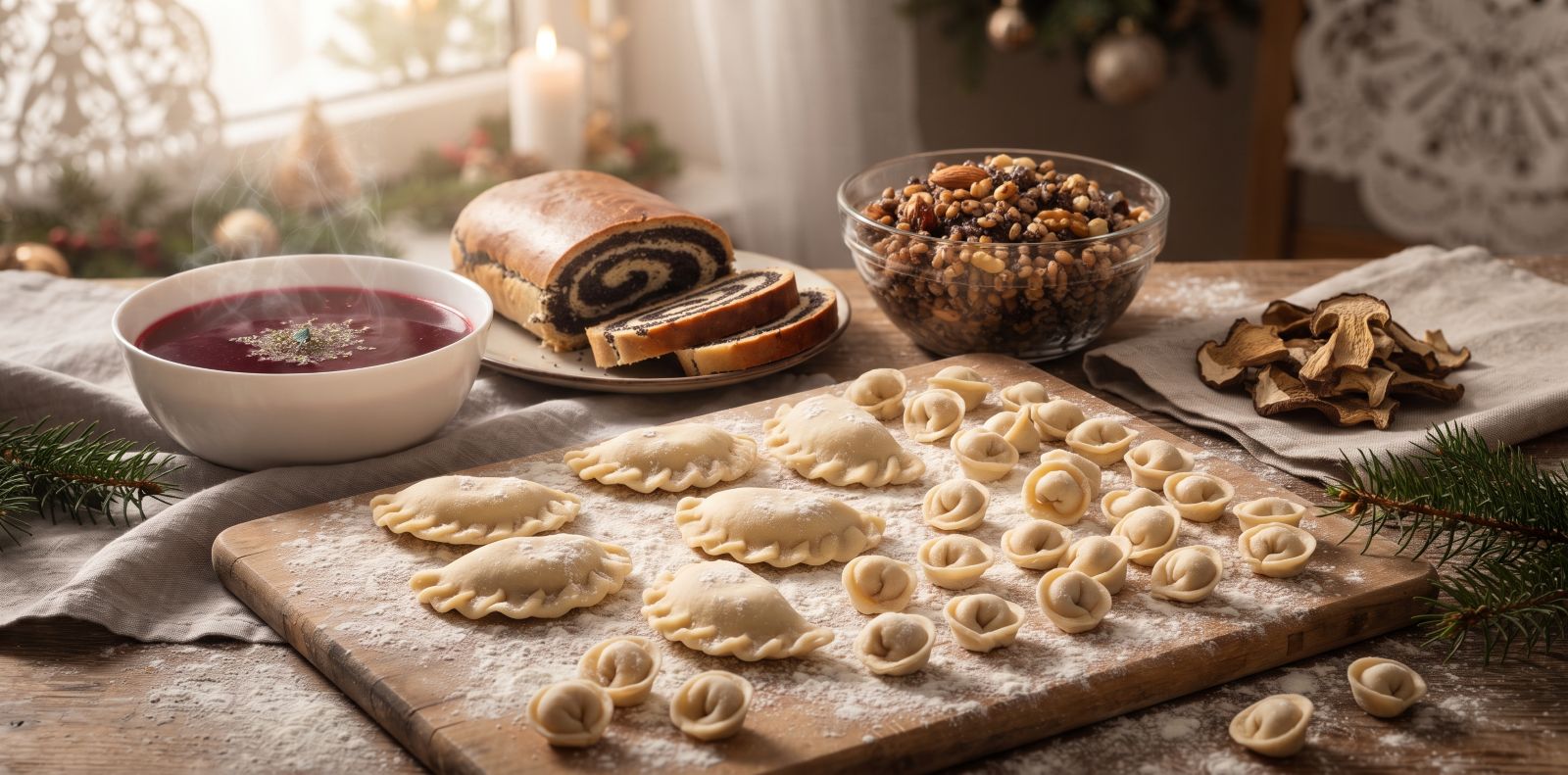Flour-dusted wooden board with freshly shaped pierogi and uszka (small mushroom dumplings), a bowl of ruby-red barszcz (beet soup), slices of makowiec (poppy seed roll), a glass bowl of kutia (wheat-berry pudding) and dried porcini mushrooms, with spruce sprigs and a candle in warm kitchen light