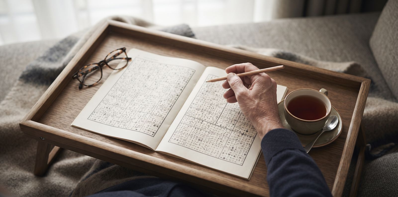 An older person's hand holding a pencil above an open puzzle book with two grid pages on a wooden lap tray, with reading glasses and a cup of tea beside the book and a soft blanket and sofa in the background