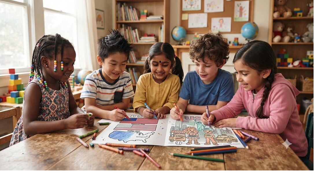 Five children coloring a USA-themed page together at a classroom table