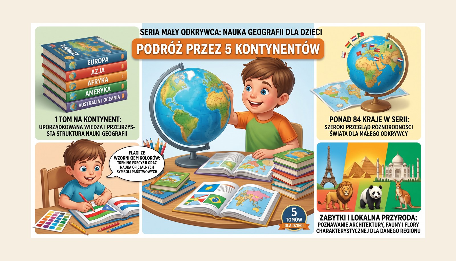 Ilustracja przedstawiająca uśmiechniętego chłopca przy stole z globusem oplecionym flagami różnych krajów, obok stos pięciu tomów podpisanych Europa, Azja, Afryka, Ameryka oraz Australia i Oceania, otwarta książka z kolorowymi flagami i mapami, panel z kolorowaniem flagi według wzornika kolorów oraz zdjęcia zabytków (wieża Eiffla, piramidy, Tadż Mahal) i zwierząt (lew, panda, kangur) — grafika promująca serię Mały Odkrywca: Nauka geografii dla dzieci