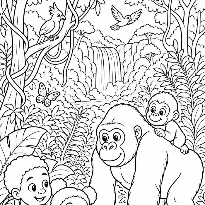 Coloring page of children discovering gorillas in the rainforest