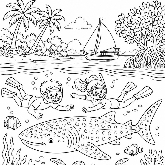 Coloring page of children snorkeling with a whale shark and sea turtles