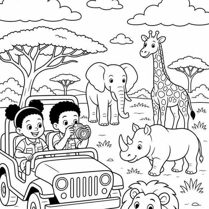 Coloring page of a safari jeep with lions, elephants and giraffes