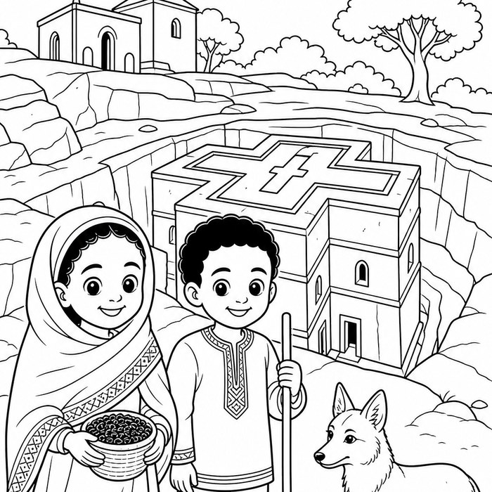 Coloring page of children with a rock-hewn church and their dog