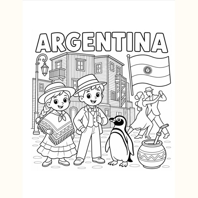 Argentina city scene coloring card — Buenos Aires and tango dancers