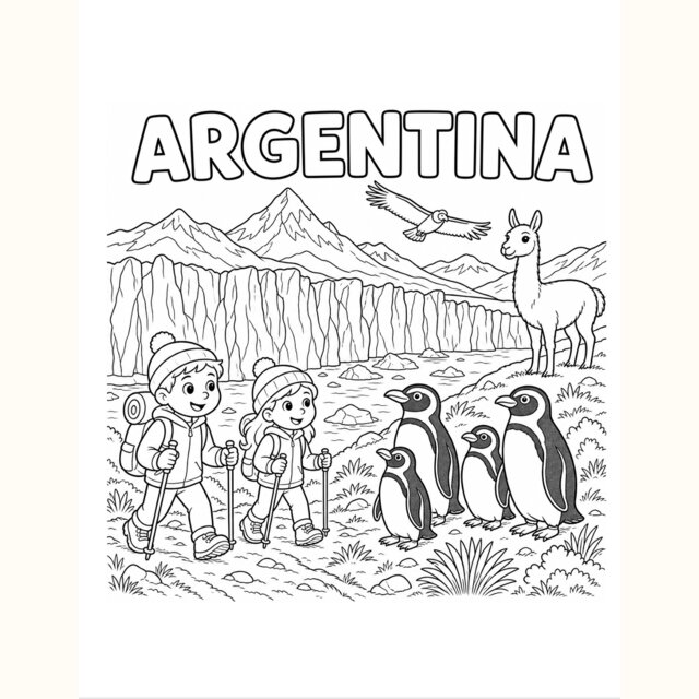 Argentina nature scene coloring card — Patagonia glaciers and penguins
