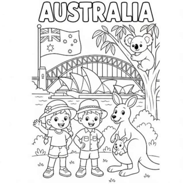 Australia city scene coloring card — Sydney Opera House with koala and kangaroo