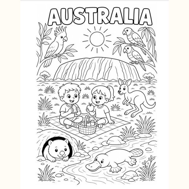 Australia nature scene coloring card — Uluru, wombat and platypus