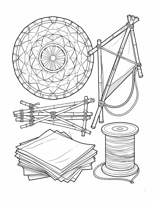 Coloring page of giant kite parts: bamboo poles, tissue paper, string and a round kite