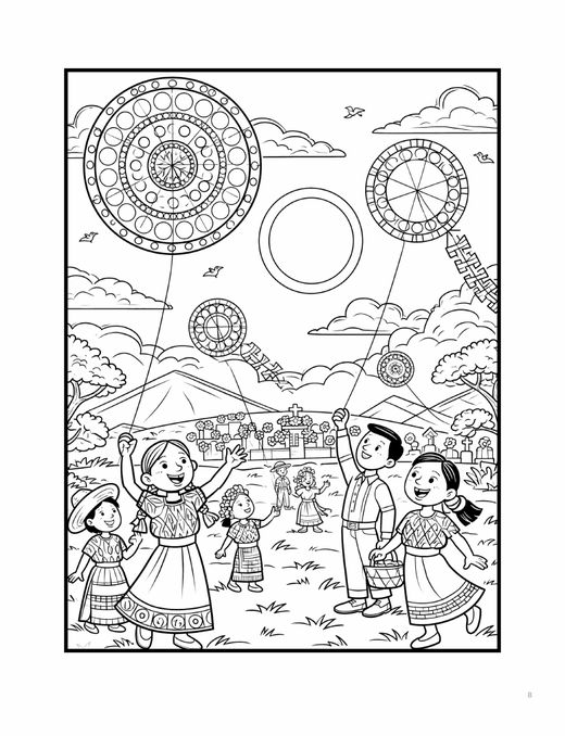 Coloring scene of families flying giant festival kites in Guatemala
