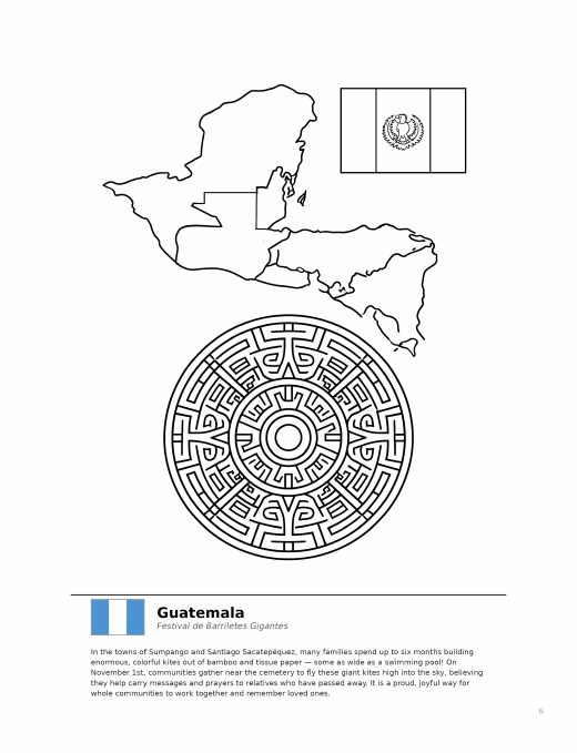 Coloring page of Guatemala with a flag, map outline and a round kite design