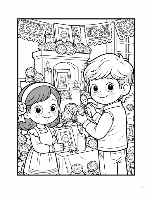 Coloring scene of two children placing flowers and photos on a family remembrance table