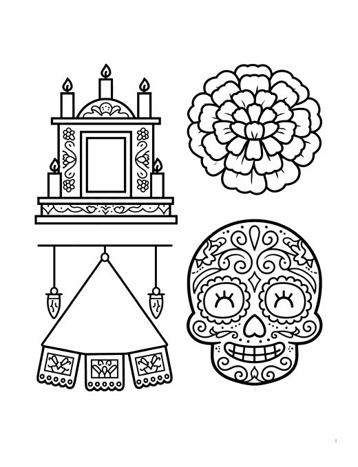 Coloring page of Mexican remembrance symbols: an altar, marigold flowers, paper banners and a decorated skull