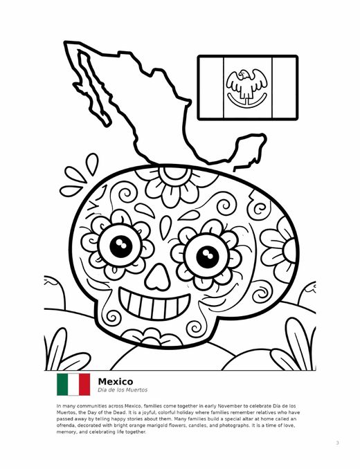 Coloring page of Mexico with a flag, map outline and a decorated skull design