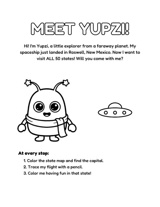 Meet Yupzi coloring page with a little alien and a flying saucer