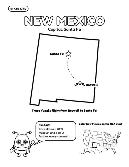 New Mexico state map activity page with the capital Santa Fe and a flight path to trace
