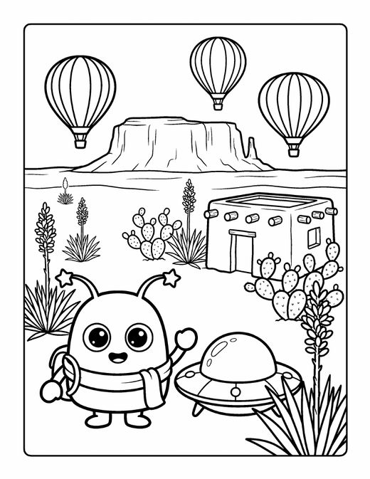 Coloring page of Yupzi the alien waving beside a flying saucer, hot air balloons and an adobe house in the desert