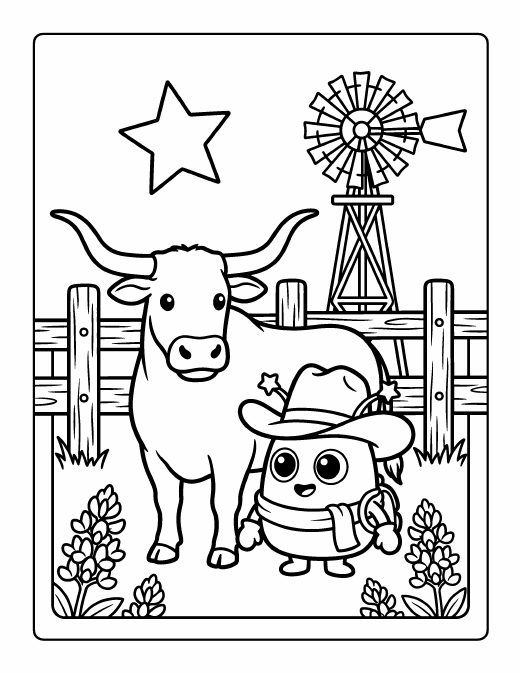 Coloring page of Yupzi the alien in a cowboy hat beside a longhorn, a windmill and bluebonnets