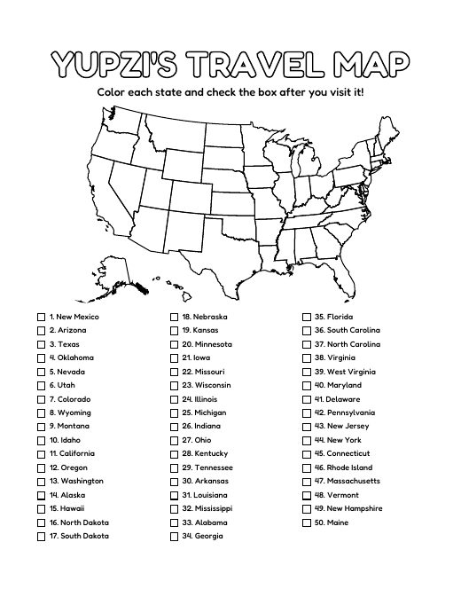 Yupzi's Travel Map: a USA map to color with a checklist of all 50 states