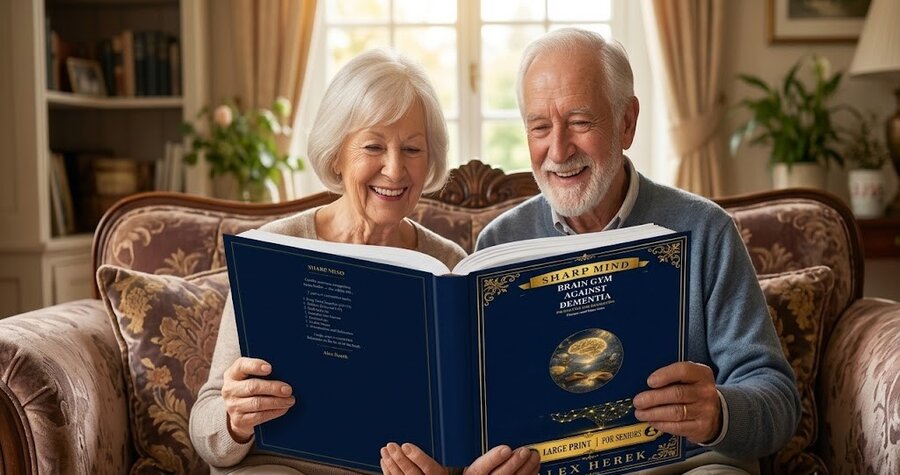 An elderly couple reading a Sharp Mind puzzle book together on their sofa
