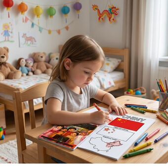 A child coloring a country page at a desk