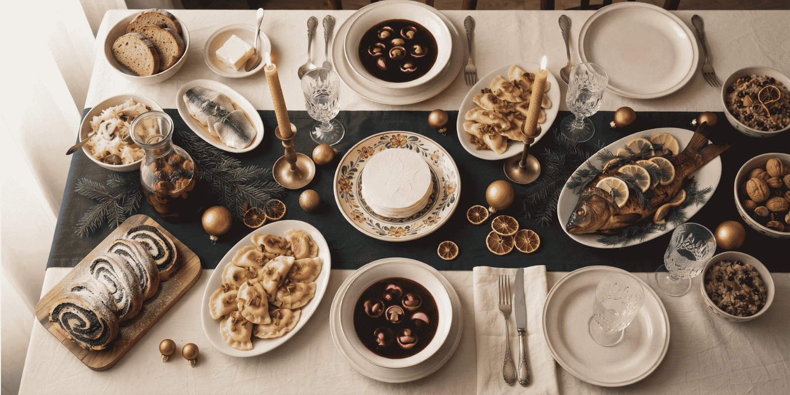 Traditional Polish Wigilia table with opłatek (Christmas wafer), barszcz (beet soup) with uszka (mushroom dumplings), pierogi (filled dumplings), roasted carp, and makowiec (poppy-seed roll), set for Christmas Eve supper